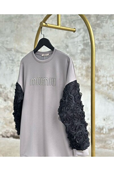 Hatun Atila Design Organza Fabric Sleeve Detailed Crystal Stone Crafted Suit - Gray 7902