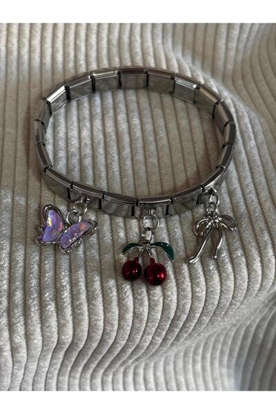 bijoux uniques Steel Butterfly & Cherry & Ribbon Italian Charm Bracelet