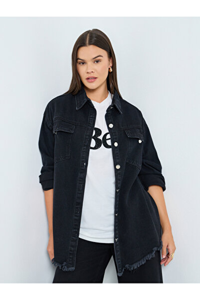 Styli Women Black Plain Oversized Denim Shirt with Pockets