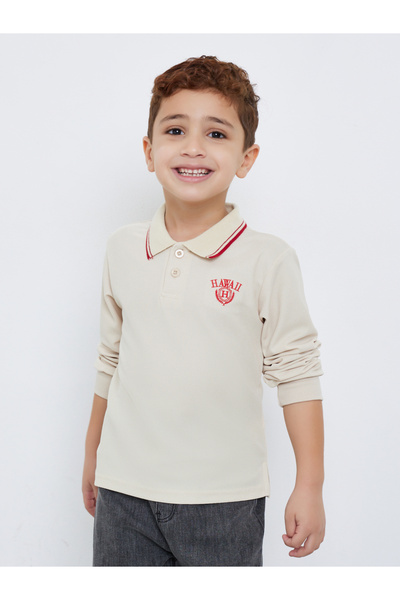 Styli Embroidered Detail Long Sleeve Tipped Polo T-Shirt