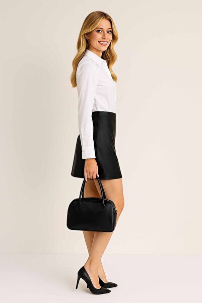 CİDDE Women's Front Slit Fleece-Lined Mini Leather Shorts Skirt