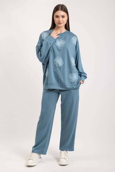 Hatun Atila Tulle Flower and Pearl Detailed Modal Fabric Double Suit 7914 - Blue