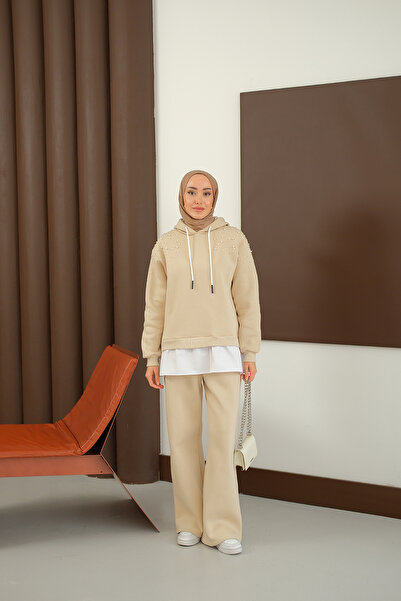 LOCCO Women's Shoulder Beading Detail Two-Piece Set Cream