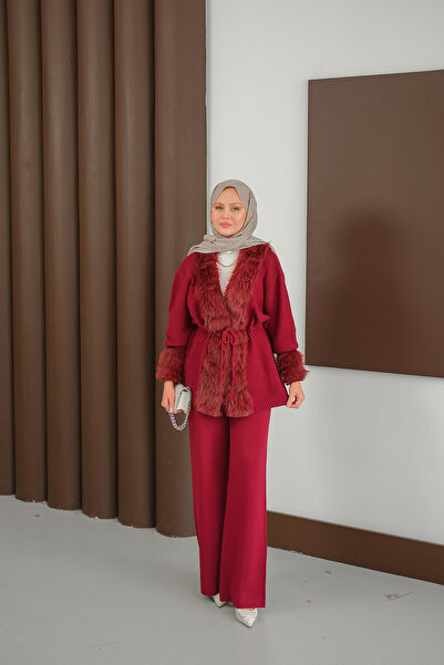 LOCCO Women's Plush Detail Knitwear Set Burgundy