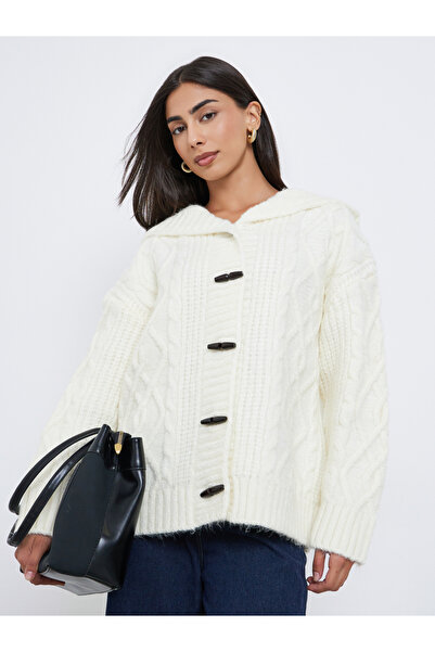 Styli Off White Cable Knit Oversized Hooded Cardigan