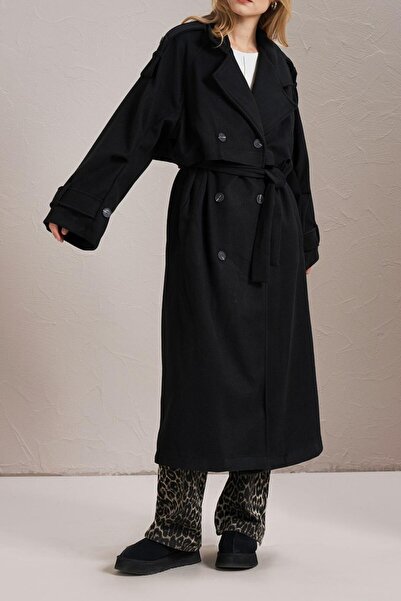 Suziş Windbreaker Detailed Black Oversized Premium Coat 9539