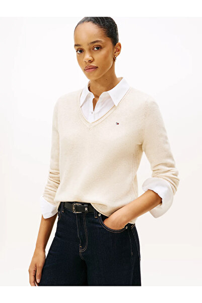 Tommy Hilfiger Women's Regular Fit Pure Wool V-Neck Long Sleeve Beige Sweater Ww0Ww43505-Adk