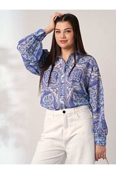 Globus By Styli Women Blue Ethnic Print Spread Collar Oversized Shirt
