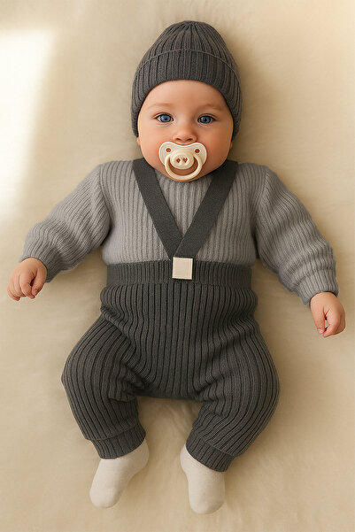 LilJoy Baby Sweater Salopet and Beanie Set – 3-Piece Knitwear Winter Set