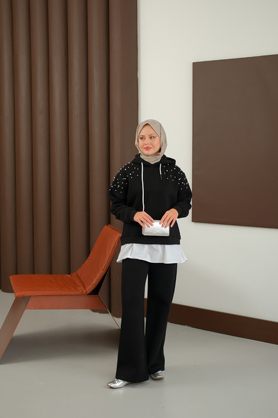 LOCCO Women's Shoulder Beading Detail Two Piece Set Black