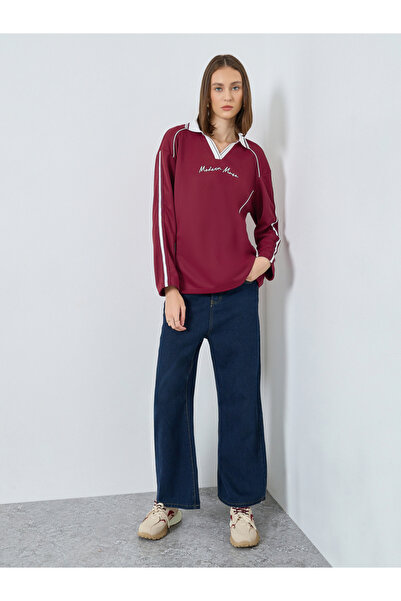 Styli Burgundy Oversized Polo T-Shirt with Stripe Detail