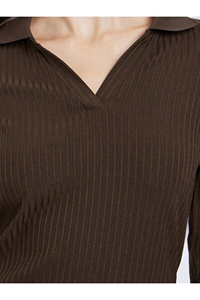 Styli Brown Textured Knit Top with Open Collar