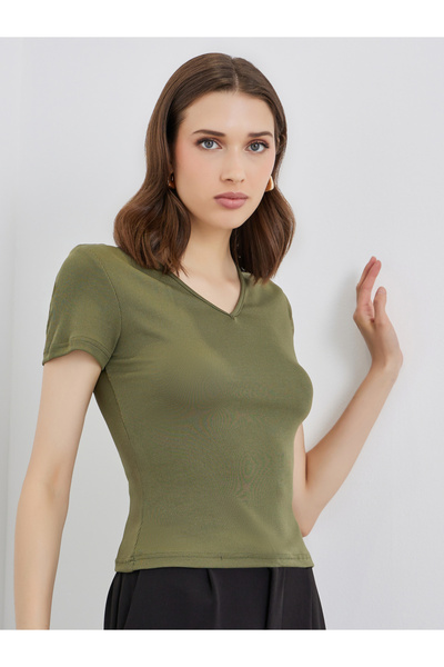Take Two By Styli Women Olive V Neck Fitted T-Shirt