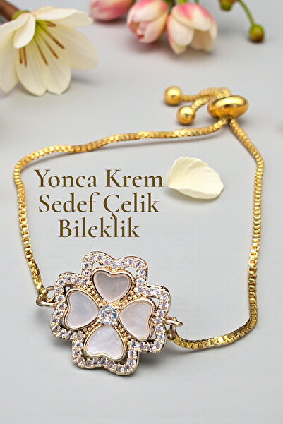NBS Beautiful Naturel Stones Yonca Krem Asansör Çelik Bileklik Van Cleef Altı...