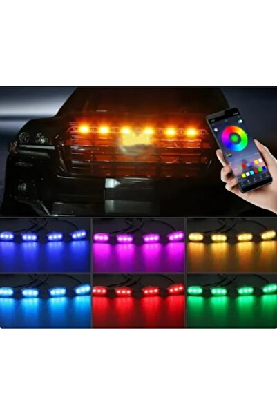 lumixauto Set de 6 lumini auto RGB/galbene de 12V cu aplicație – Iluminare grilă cu funcții inteligente