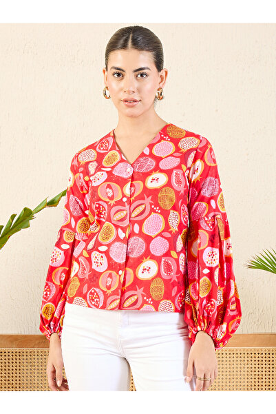 Uptownie By Styli Red Fruit Print Cotton Shirt with Balloon Sleeves