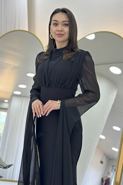 the ZKS Women's Chiffon Cape Sleeve Mock Neck Mermaid Evening Dress Burgundy, Navy Blue, Black, Tan