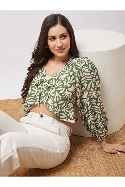 Globus By Styli بلوزة نسائية خضراء بأكمام بيشوب وطبعة تجريدية