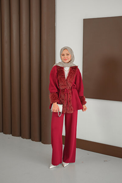 LOCCO Women's Plush Detail Knitwear Set Burgundy