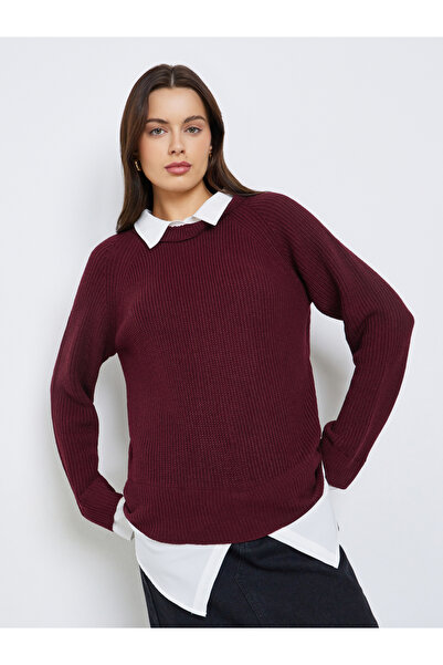Styli Burgundy Knitted Sweater with Shirt