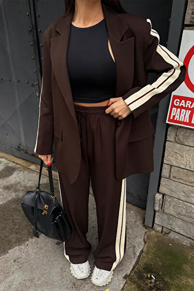 Ortaya Çık Brown Striped Detail Sporty Stylish Women's Suit