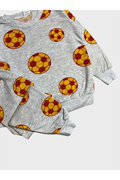 ALİŞ KİDS Boys' Cotton Fleece-Lined Gray Football Ball Patterned Long Sleeve Winter Pajamas Set