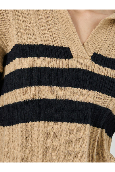 Styli Women Beige Striped Polo Neck Knit Top