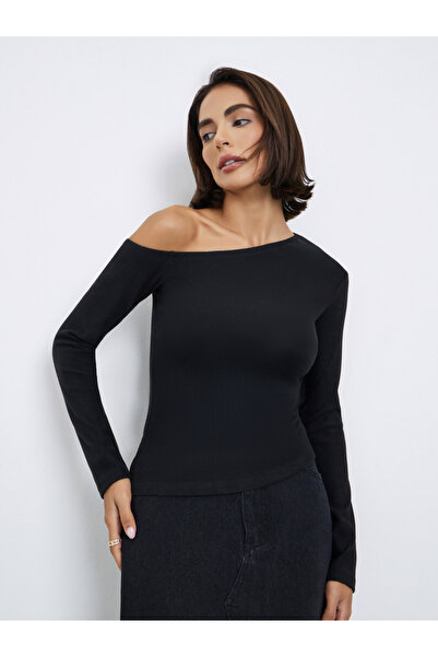 Styli Black Asymmetric Neck Knit Top