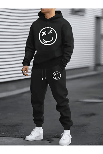 Flow touch 'X-Eyed Unbalanced' Smiling Face Printed Hoodie Set