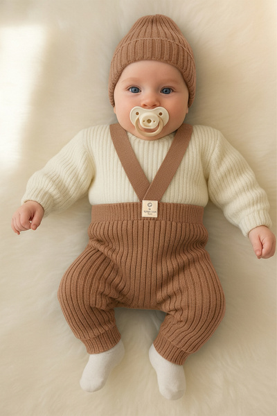 LilJoy Baby Sweater Salopet and Beanie Set – 3-Piece Knitwear Winter Set