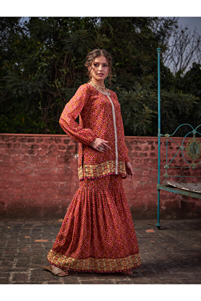 Sassafras By Styli Maroon Floral Front Placket Top with Sharara Pants Set