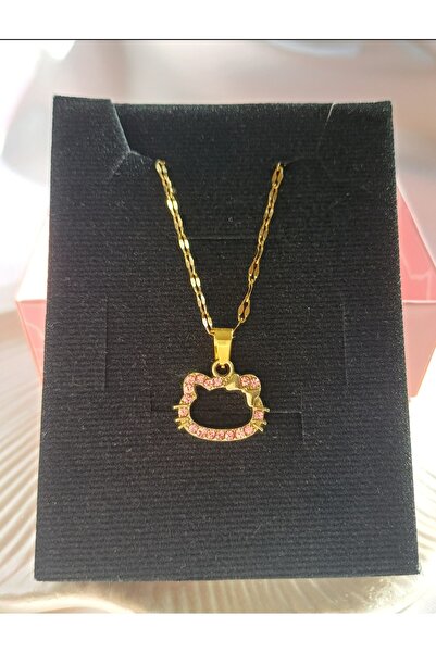 stainless steell Hello kitty kolye pembe taşlı