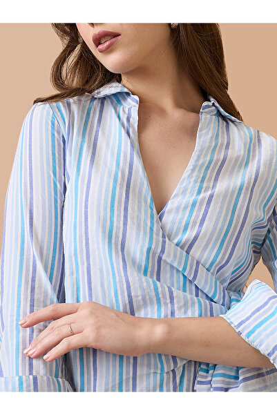 Globus By Styli Women Blue Stripes Waist Tie-Up Wrap Shirt