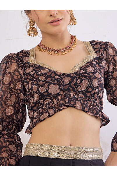 Uptownie By Styli Black Floral Hem Frill Crop Top with Anarkali Skirt Set