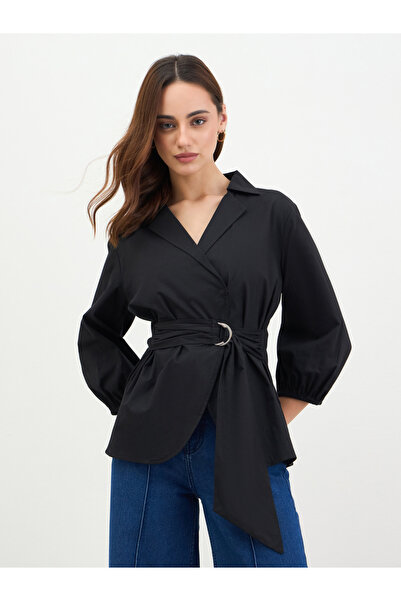 Styli Black Cotton Poplin Wrap Shirt with Belt