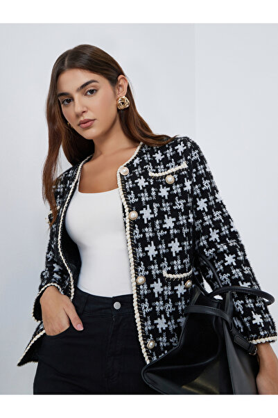 Styli Patterned Knit Jacket with Pearl Buttons