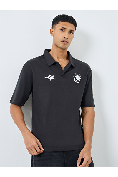 Styli Black Graphic Print Oversized Polo Shirt