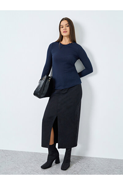 Styli Navy Textured Knit Top with Scalloped Neck