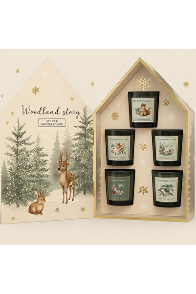 COLLECTİON Set Cadou „Woodland Story” – 5 Lumânări Parfumate Clementine & Clove, Ambalaj Premium Tip Căsuță