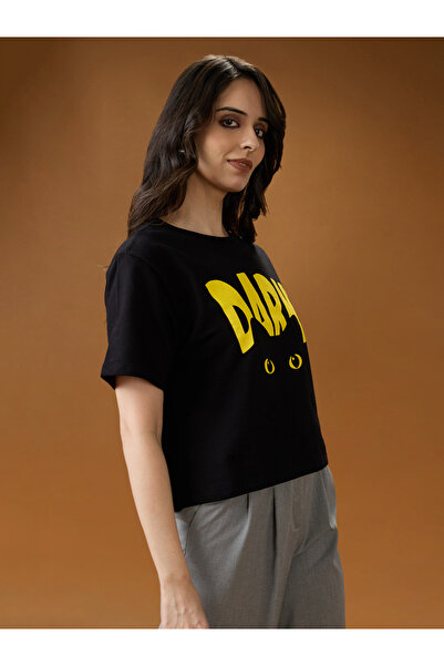 Globus By Styli Black Graphic Print Round Neck Boxy Fit T-Shirt