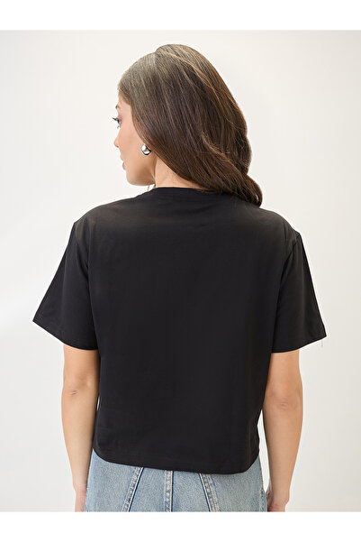 Globus By Styli Black Graphic Print Oversized Crop T-Shirt