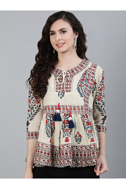 Ishin By Styli بلوزة بيضاء حمراء مزينة بتطريزات زهرية برباط عند الرقبة