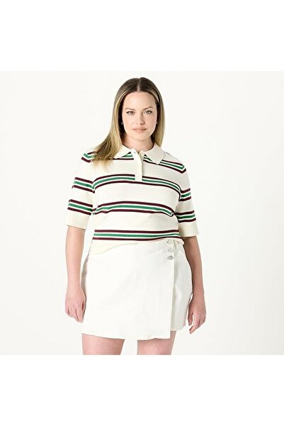 The Drop Women's Gero short-sleeved polo shirt with split collar, cream with stripes, size 4xl,