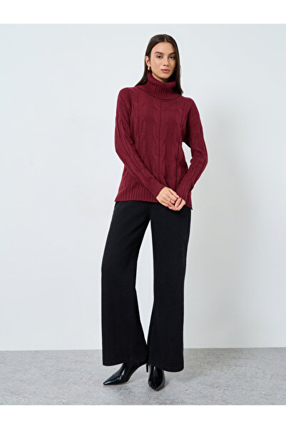 Styli Burgundy Cable Knit Roll Neck Sweater