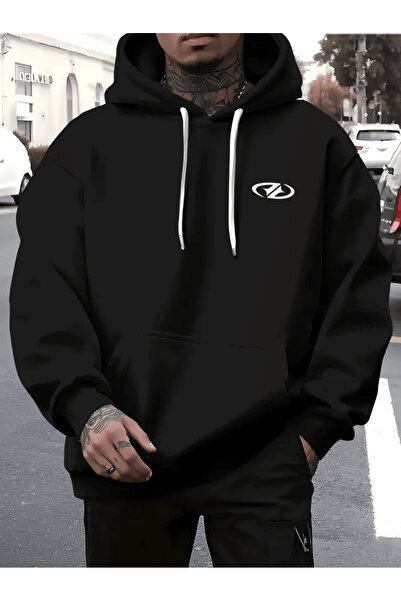 Flow touch هوديي مينيماليست أمبليم مطبوع قصة فضفاضة