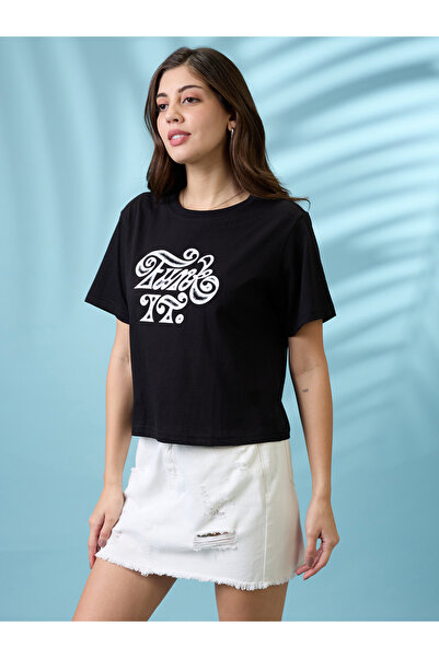 Globus By Styli Black Graphic Print Round Neck Oversized T Shirt