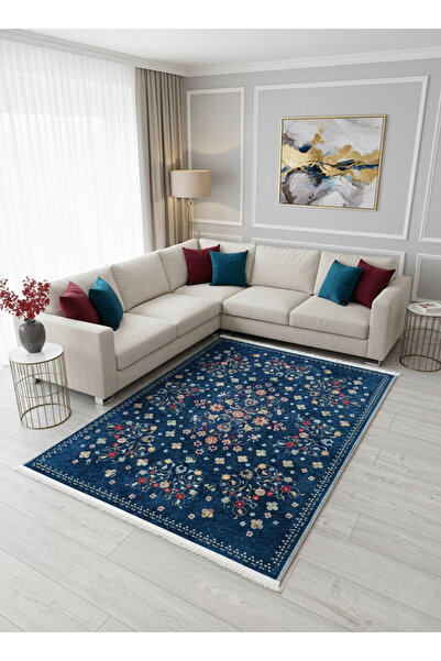 Brillant LACİVERT Blue Floral Vintage Lateks Taban Halı