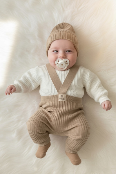 LilJoy Baby Sweater Salopet and Beanie Set – 3-Piece Knitwear Winter Set