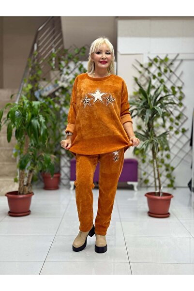 Punta Otantik Nc23081 Star Patterned Stone Italian Velvet Suit Orange