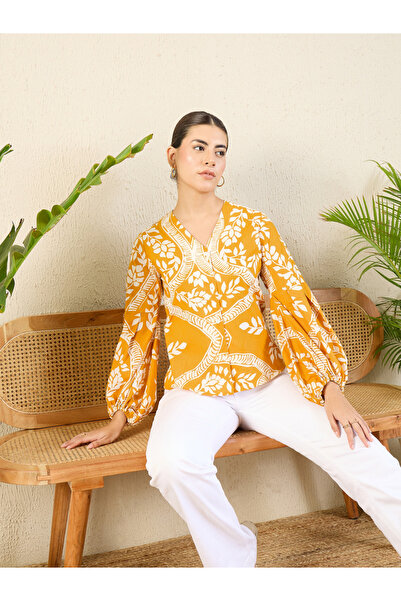 Uptownie By Styli Orange Floral Print Shirt with Balloon Sleeves